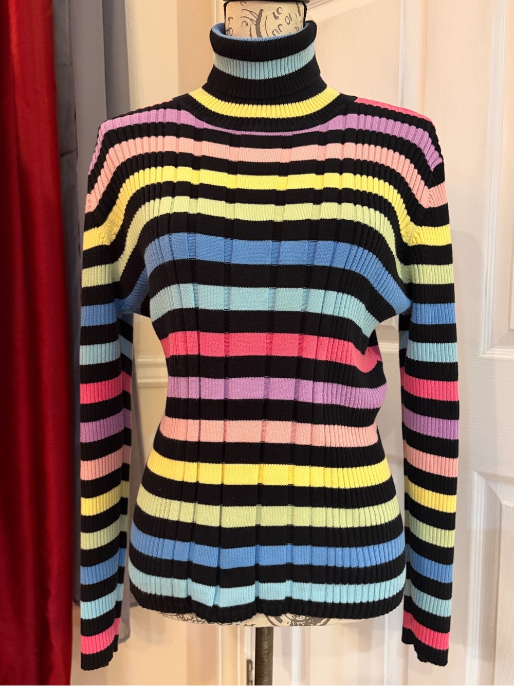 Y2K Villager by Liz Claiborne Striped Ribbed Turtleneck Sweater - Multi Color